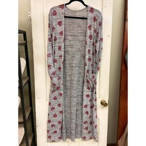 Womens Gray Red Glitter Heart Longline Duster Cardigan Open Front Pockets Large